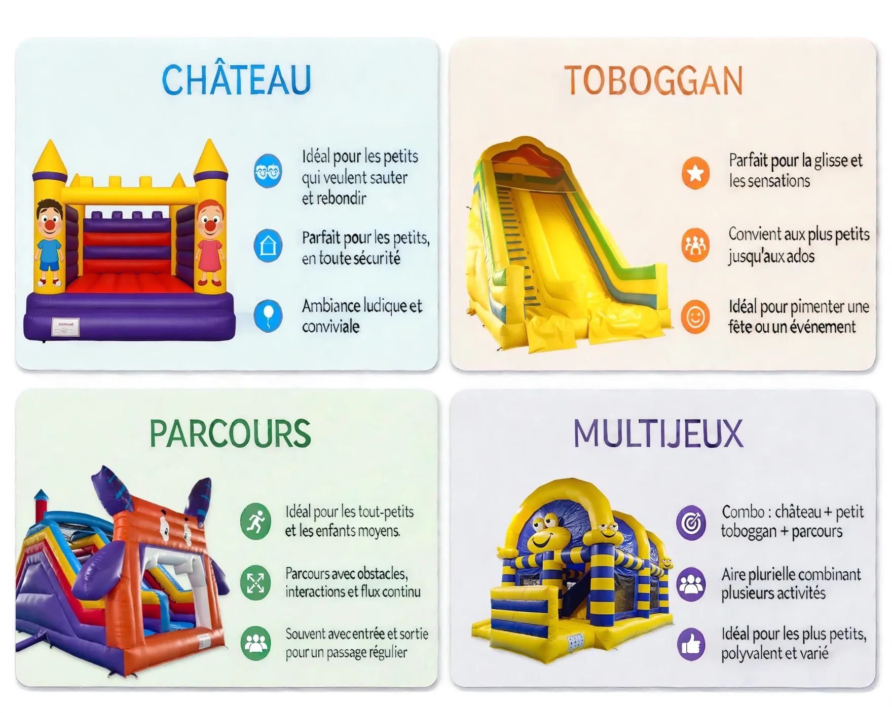 Structures gonflables château toboggan parcours multijeux lors d’un événement